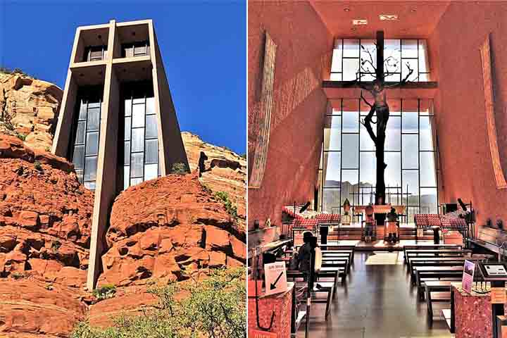 Capela das Pedras (EUA) – 1956 - Construída no meio das rochas em Sedona, Arizona, tem um design moderno e impactante. Uma grande cruz de vidro domina sua fachada. Seu interior simples contrasta com a paisagem grandiosa.-Beyond My Ken /Wikimédia Commons