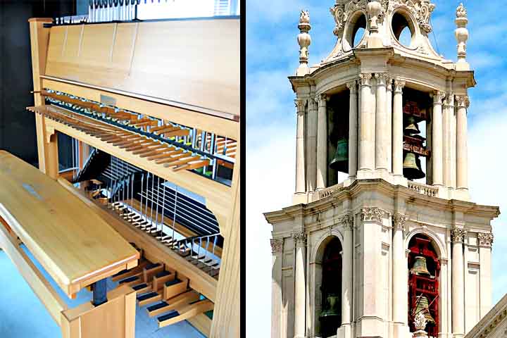 Carrilhão – Conjunto de sinos de diferentes tamanhos e afinações, geralmente instalado em torres e tocado por meio de teclados ou mecanismos automáticos. Pode executar melodias complexas.