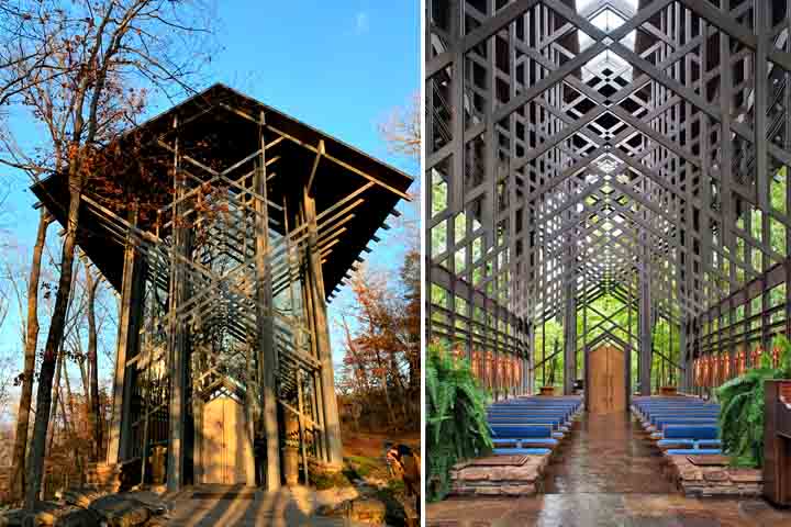 Capela de Thorncrown (EUA) – 1980 - No Arkansas, sua estrutura de vidro e madeira se integra à floresta. Grandes janelas permitem a entrada de luz natural. Um exemplo marcante da arquitetura orgânica moderna.-Reprodução do X @Richard98476203 e @Havenlust