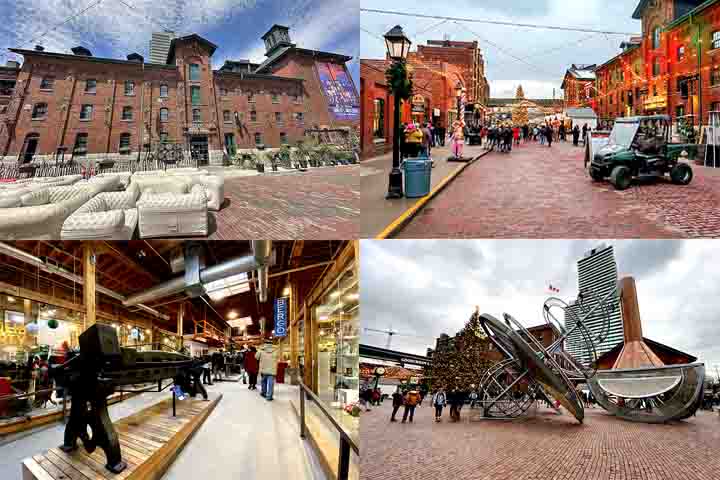 Distillery District (2003, revitalização) – Antiga área industrial transformada em espaço cultural e gastronômico. Tem ruas de paralelepípedos, galerias de arte, lojas e bares. No inverno, abriga um dos mercados de Natal mais famosos do Canadá.
-Canmenwalker e Gatorfan252525/Wikimédia Commons