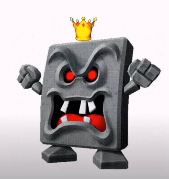 Nome do personagem: Whomp King - Ele Ã© simplesmente o rei dos Whomp, tendo assim uma coroa na cabeÃ§a e proporÃ§Ãµes gigantes. Sua aparÃªncia Ã© medonha e ele costuma mostrar toda sua raiva com os adversÃ¡rios.