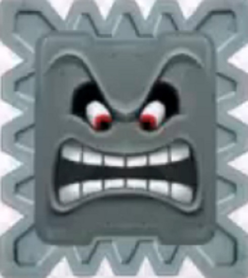 Nome do personagem: Twhomp - Um personagem que tem medo de esconder sua careta! O Twhomp é uma pedra gigante que teve muitas evoluções ao longo do jogo. 