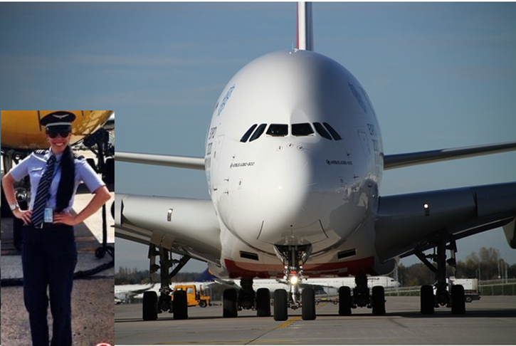 Em 2019, ela passou numa seleção para a Emirates e ganhou a chance de pilotar o maior avião comercial do planeta: o Airbus A380. 