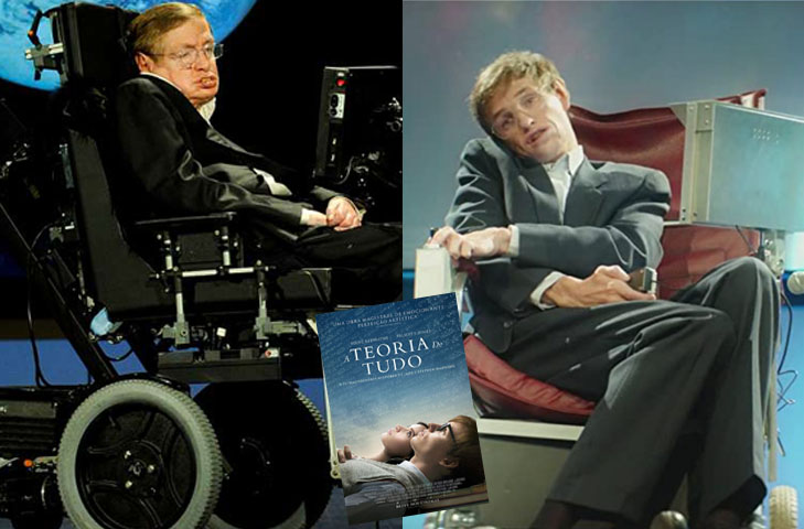 Eddie Redmayne - "A Teoria de Tudo" (2014) - O ator interpretou o físico Stephen Hawking (1942-2018), que sofria de esclerose lateral amiotrófica, que afeta o neurônio motor  e, mesmo assim, foi um gênio.  Hawking (à esquerda) só falava por meio de equipamento especial e parabenizou o ator pela interpretação: "Eddie, estou orgulhoso de você". 