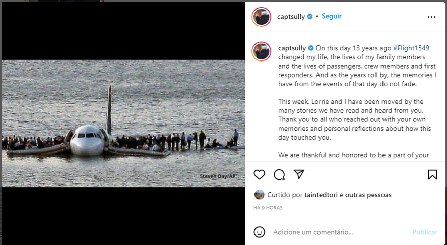 Em 15/1/2022, Sully postou mensagem no Instagram lembrando da data, que, segundo ele, mudou sua vida, a dos passageiros e a dos tripulantes.-Reprodução instagram @captsully