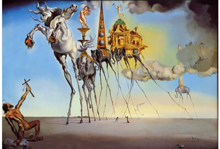 Dalí gostava de pintar temas relacionados a sonhos. Imagens oníricas em que se perde a noção de tempo e espaço. Uma figura recorrente é a do elefante com pernas gigantes, finas, como na tela "A Tentação de Santo Antão".  - reprodução da pintura