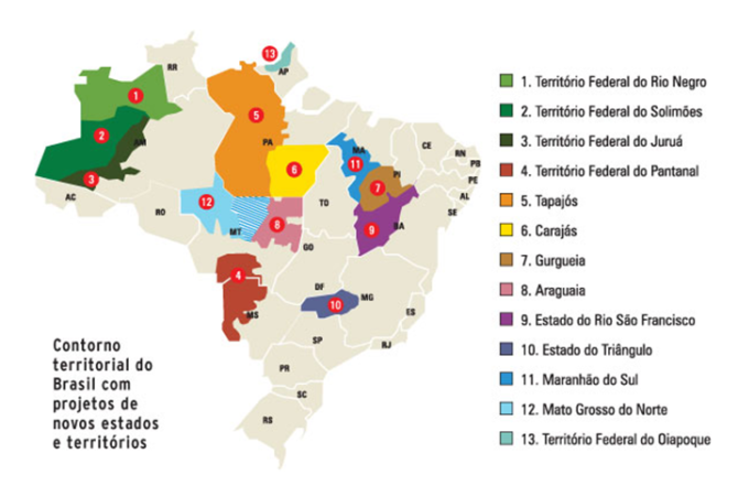 Projetos de lei deixariam o Brasil com 39 estados; veja o curioso mapa