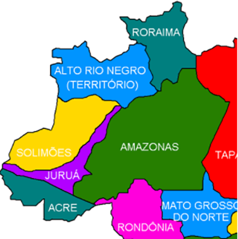  O estado do Rio Negro abrangeria 3 municípios: Barcelos, Santa Isabel e São Gabriel da Cachoeira. Solimões ficaria na fronteira com Peru e Colômbia, com 13 cidades; e Juruá teria 7 municípios com capital em Eirunepé. - reprodução reddit.com/r/brasil