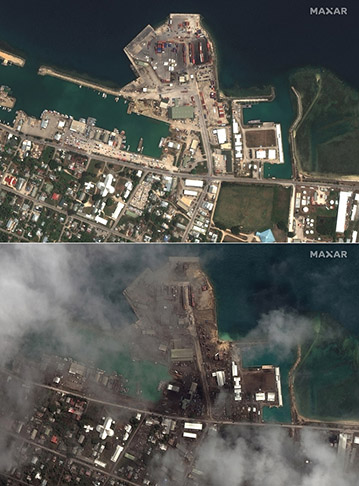 Subaquático, o Hunga Tonga explodiu a 14 km de profundidade e foi sentido a 250 km de distância. Ele causou ondas gigantes pelo Pacífico, atingindo ilhas de Tonga, como Mango e Atata. Elas ficaram cobertas de cinzas e fumaça.   - Divulgação Maxar Technologies 