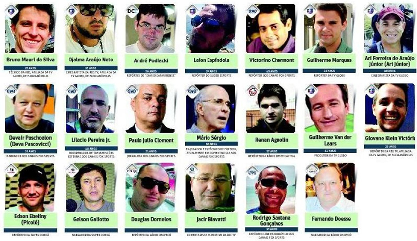 <p>Eram seis jornalistas da Fox,  3 da TV Globo,  um do GloboEsporte.com, quatro da RBS, dois da Rádio Super Condá, dois da Rádio Chapecó, um da Rádio Vang e da RIC TV (afiliada da TV Record) e um da Rádio Oeste.</p>
