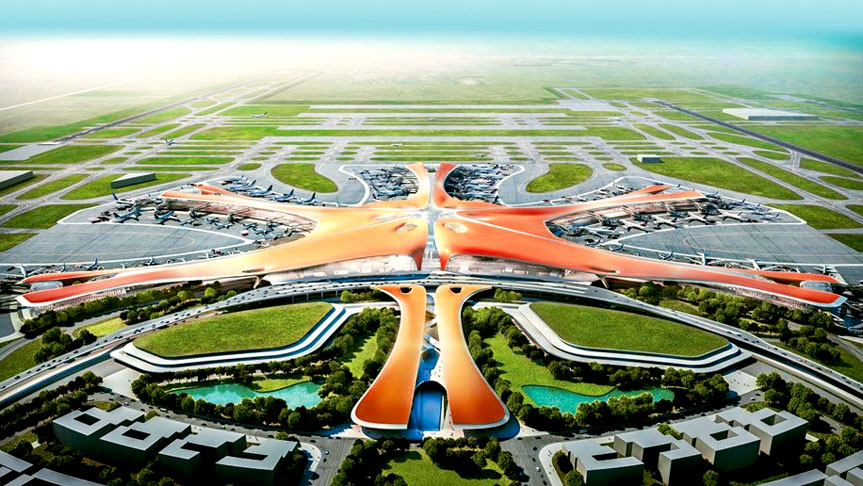 2° Aeroporto Internacional de Pequim – China - Tem 700 km², o equivalente a 98 campos de futebol. Localizado a 32 km do centro. Inaugurado em 2019, custou o equivalente a R$ 234 bilhões de reais.