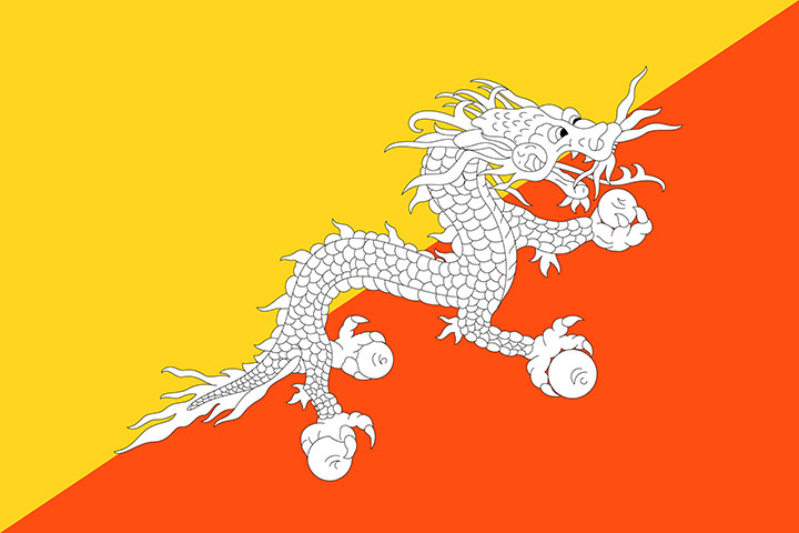 A bandeira do Butão tem um dragão, já que a origem do nome do país, em tibetano, é Terra do Dragão. Ele segura joias para demonstrar a riqueza do país. O dragão é branco para simbolizar a pureza. A cor laranja remete à religiosidade dos mosteiros budistas. E o amarelo reforça a autoridade da dinastia.