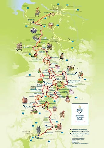 A Rota dos Contos de Fadas tem 600 km desde Hanau, onde eles nasceram, até Bremen, passando por várias cidades, onde há atrações como museus e encenações de contos. Entre eles, 