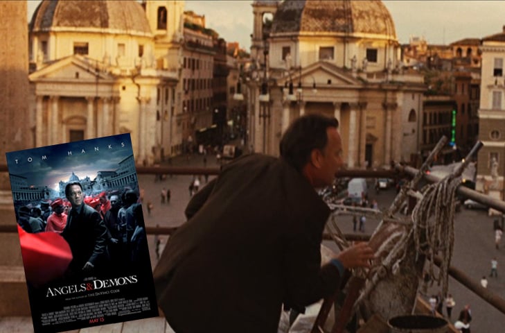 Em 2009, "Anjos e Demônios", baseado no livro de Dan Brown, não apenas mostra a cidade como detalha aspectos de igrejas, palácios, monumentos e obras de arte em Roma, elementos que fazem parte do mistério a ser desvendado pelo personagem Robert Langdon (Tom Hanks).-divulgação