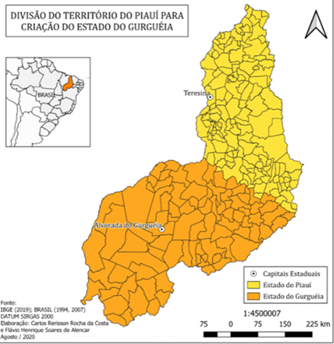  Gurgueia (igual ao nome do principal rio) ocuparia 60% do atual território piauiense e teria 87 municípios, na parte sul. A capital seria Alvorada do Gurgueia. O Piauí manteria a capital Teresina, no norte do atual território. - reprodução revistas.ufpi.br