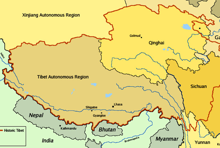 TIBETE - RegiÃ£o autÃŽnoma que pertence Ã  China. Ã? a mais alta do planeta (4.900m), apelidada de "Teto do Mundo". Fica no coraÃ§Ã£o da Ãsia e faz fronteira com Ãndia, PaquistÃ£o e Nepal, alÃ©m de Mianmar. 
