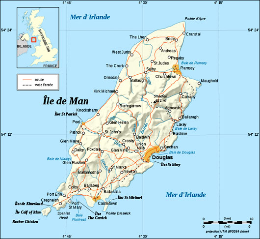 ILHA DE MAN - Pertence ao Reino Unido.  Faz parte do conjunto geográfico das Ilhas Britânicas, arquipélago do noroeste da Europa. Fica no meio do mar da Irlanda.