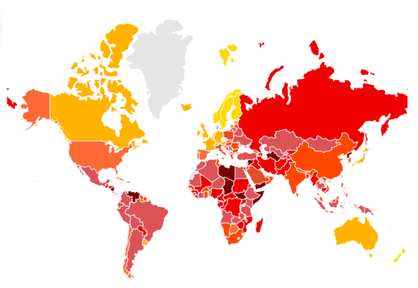  Veja, começando pelo pior de todos, a lista dos 30 países que estão no topo do ranking dos mais corruptos. No mapa, quanto mais escura a tonalidade, maior a corrupção. 