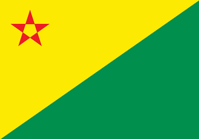 Acre (AC)- Adoção: 22 de dezembro de 1995. Representação: O verde simboliza a esperança, o amarelo as riquezas, e a estrela vermelha (Estrela Altaneira) representa a luta pela independência acreana.-