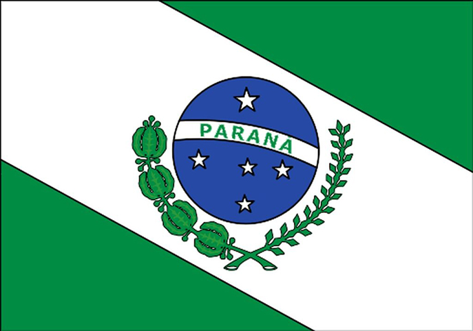 Paraná (PR) - Adoção: 27 de maio de 2002. Representação: O verde representa as matas, o branco a paz, e os ramos simbolizam a produção agrícola.-