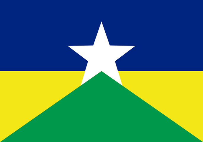 Rondônia (RO) - Adoção: 31 de dezembro de 1981. Representação: O azul simboliza o céu, o verde as florestas, e a estrela amarela a capital, Porto Velho.-