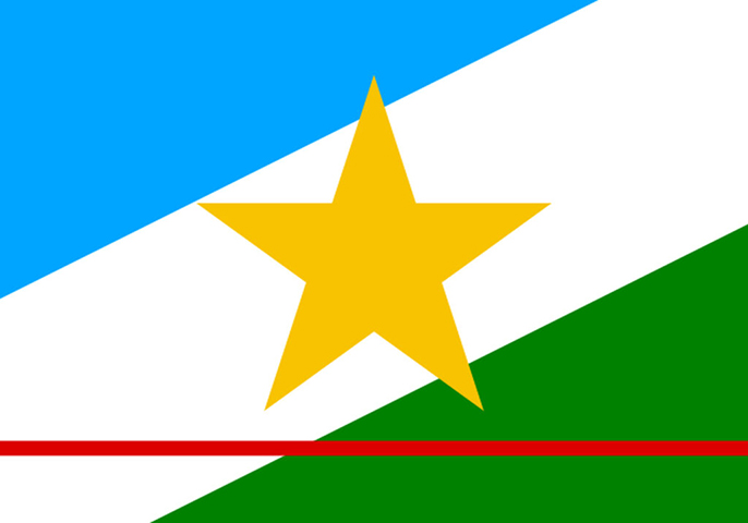 Roraima (RR) - Adoção: 14 de junho de 1996. Representação: O branco simboliza a paz, o azul o céu, e o verde e amarelo remetem ao Brasil.-