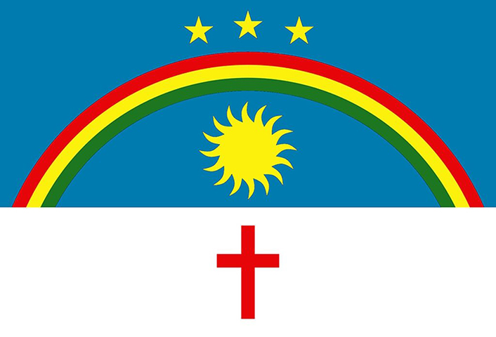 Pernambuco (PE) - Adoção: 23 de fevereiro de 1917. Representação: O arco-íris simboliza a união, o sol o progresso, e a cruz remete à luta dos pernambucanos.
-