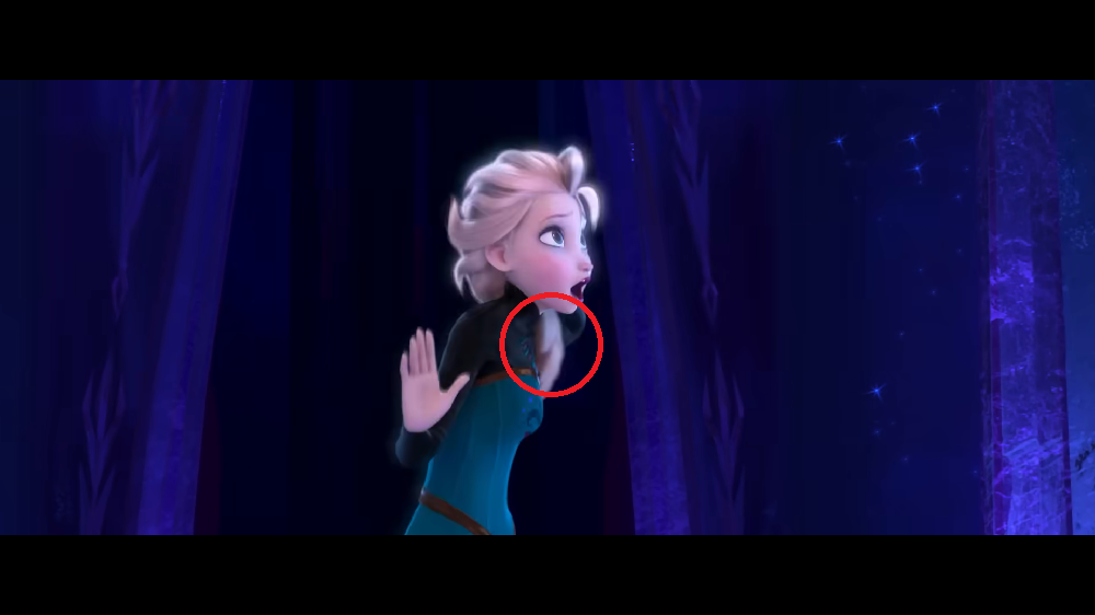 Física bizarra em “Frozen: Uma Aventura Congelante” (2013): Na cena em que Elsa canta “Let It Go” tem um erro bizarro na física do cabelo dela. Quando a personagem solta o cabelo, a trança dela simplesmente passa “por dentro” do seu braço. 