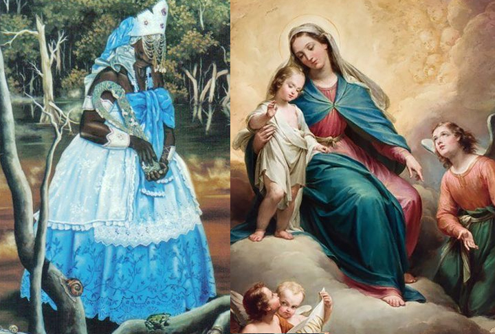 Nanã e Santa Maria: Nanã é vista como uma figura idosa, reverenciada como uma mãe ancestral que traz sabedoria e experiência. Já Santa Maria, conhecida como Nossa Senhora, é a figura materna central na tradição católica, sendo a mãe de Jesus Cristo.