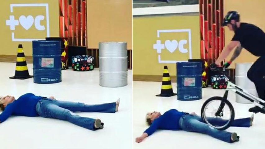 Em 2017, a apresentadora mostrou que, além de dançarina, também é corajosa. Deitada no chão do estúdio, ela encarou o desafio de se tornar obstáculo para o ciclista Diego Magno.-Montagem/Reprodução TV Globo