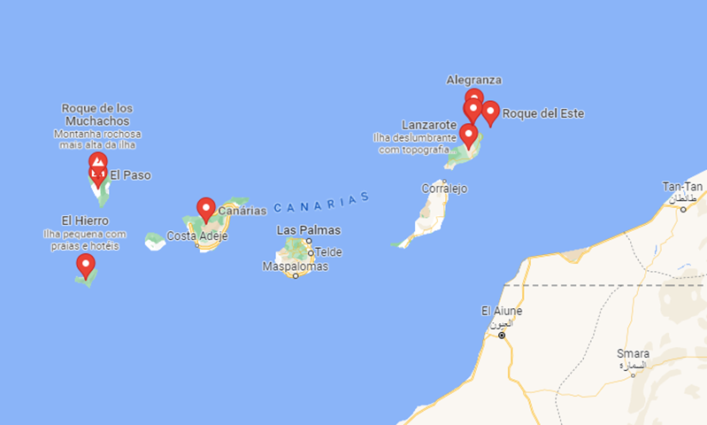 Com 7.447 km² de área, o arquipélago das Canárias fica no Oceano Atlântico, a oeste da costa do Marrocos. -Reprodução Google 