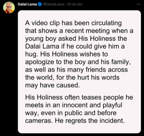 Perfil oficial do Dalai Lama pede desculpas nas redes sociais