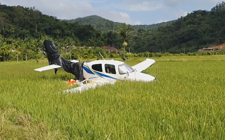 O piloto conseguiu, então, fazer um pouso de emergência num campo de arroz. -Reprodução TV NSC
