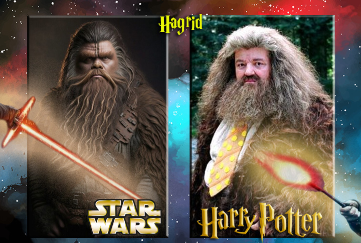 Aqui, veja a diferença entre o Hagrid-Chewbacca e o gigante da escola de formação de bruxos. Será que alguém identificaria Hagrid no seu personagem em Star Wars? Ficou diferente...
