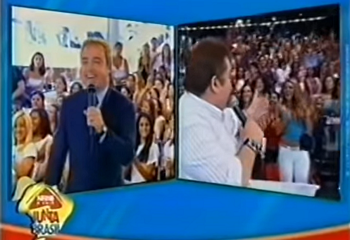 Em um dos momentos mais emblemáticos da TV brasileira, em 2003 Faustão e Gugu Liberato — que na época rivalizava em audiência no mesmo horário — dividiram tela ao vivo para uma ação comercial.