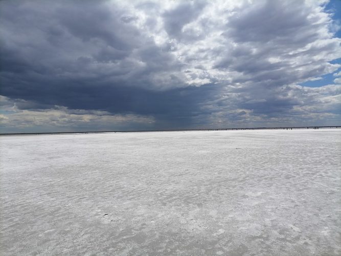 Trem sobre lago rosa fascina turistas na Rússia