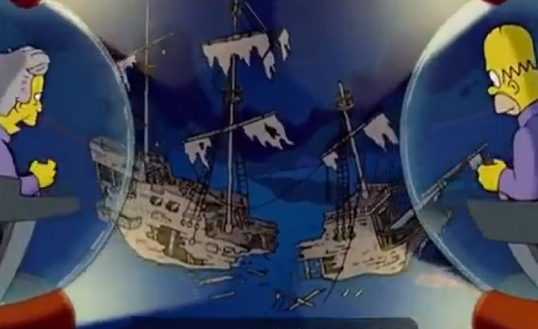 Chegando lá, os dois não só encontram destroços de um navio perdido, como se perdem, e Homer ainda enfrenta problemas com o oxigênio. Relembre outras "premonições" da série!
