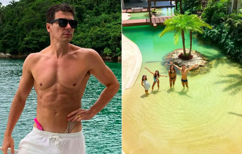 Praia artificial: Imagina ter uma ilha no seu próprio quintal? Foi isso que fez o apresentador Rodrigo Faro. A área de lazer tem duas praias artificiais, com faixa de areia e tudo.
