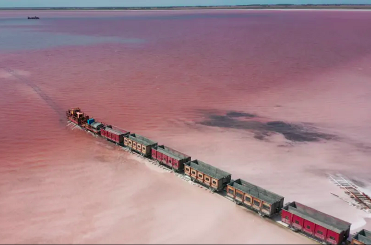 Trem atravessa lago cor de rosa e atrai turistas na Rússia