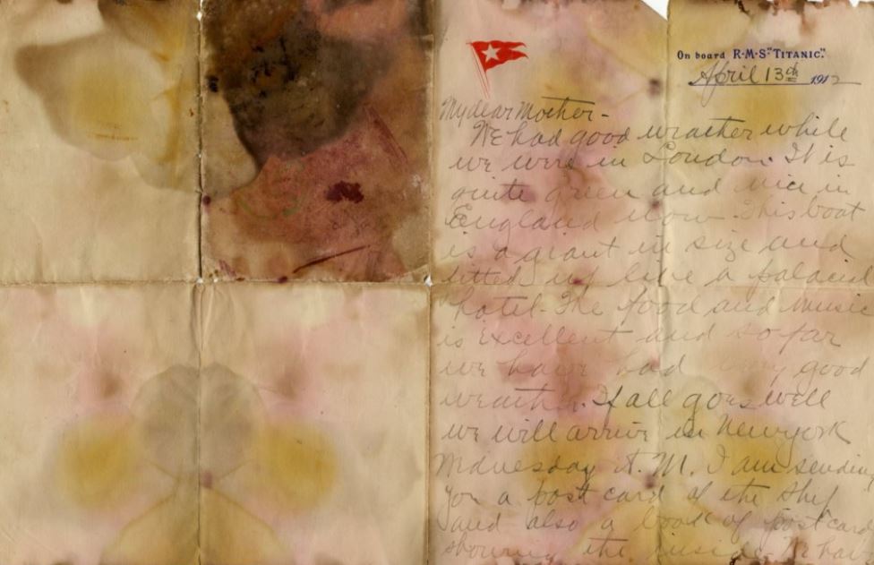 Em 2017, carta de outro passageiro de primeira classe do Titanic foi arrematada em leilão por 126 mil libras. Um dia antes do naufrágio, Alexander Oskar Holverson escreveu à mãe: "Se tudo correr bem, chegaremos a Nova York na quarta-feira"