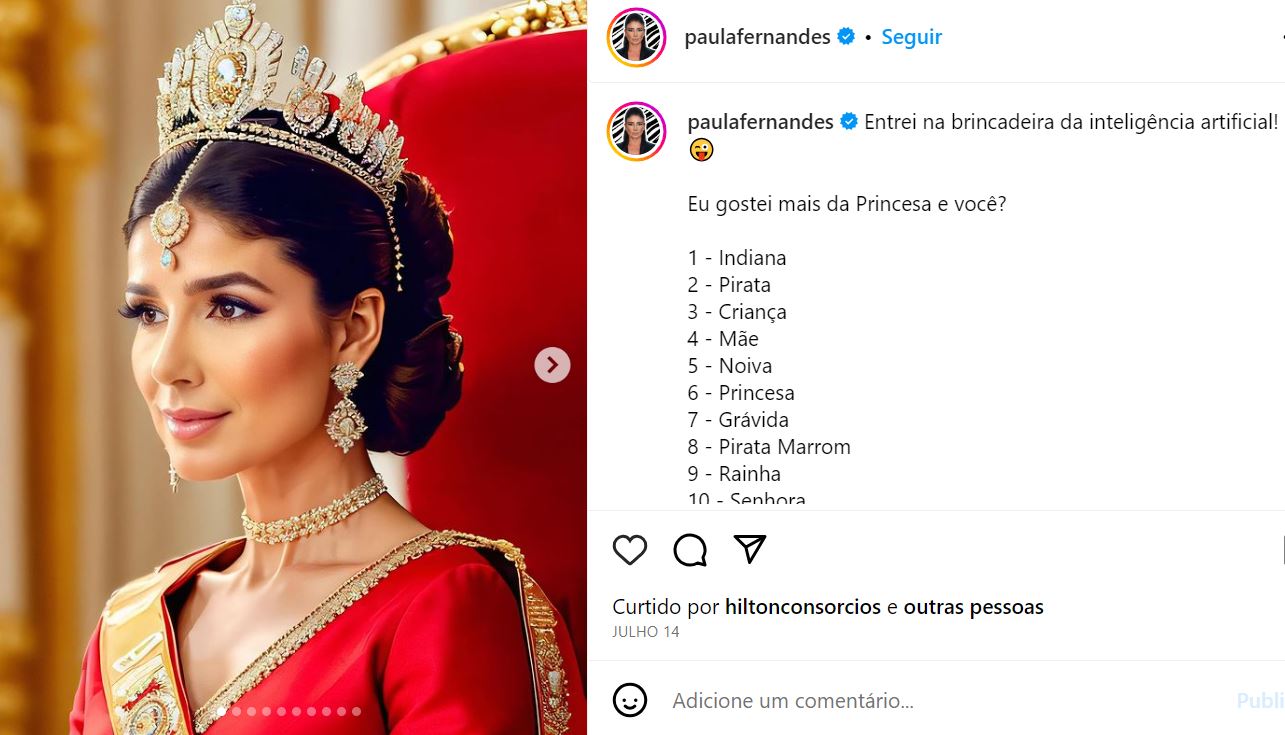 Paula parece ter levado de boa as piadas na web, pois, poucos dias após o deboche, ela postou fotos dizendo que decidiu entrar na "brincadeira " da inteligência artificial. Paula se caracterizou de diversas formas. - Reprodução rede social