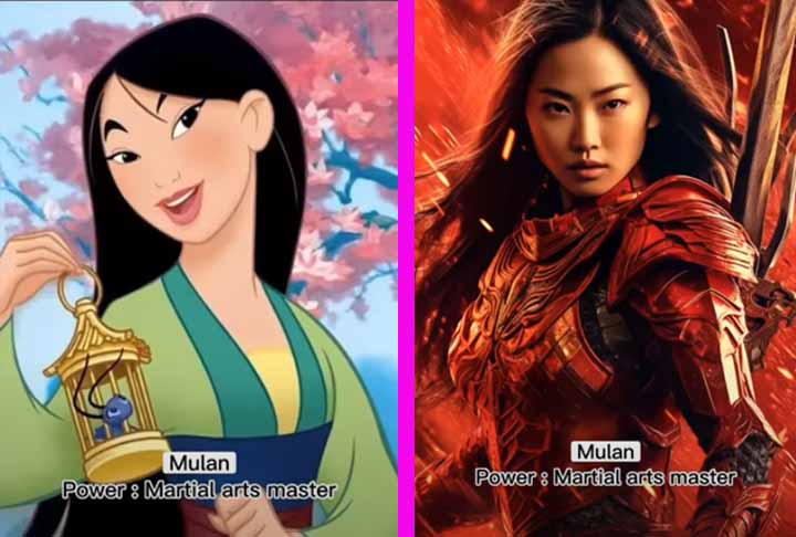 <p>Mulan é a primeira personagem principal criada pela Disney que se tornou uma princesa graças a uma proeza heroica. Ela se disfarçou de homem e foi defender a China no lugar de seu pai, que estava velho e doente. Com a inteligência artificial, Mulan é transformada em uma mestre em artes marciais.  </p>
