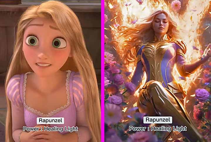 <p>Rapunzel, de “Enrolados”, é prisioneira na torre de um castelo. A vilã Gothel, uma velha,  usa a magia dos cabelos da princesa para conservar sua juventude. Com a inteligência artificial, Rapunzel ganha o poder de uma luz que tem a capacidade de curar as pessoas.</p>
