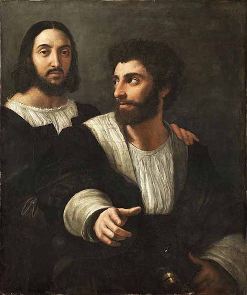 Giovanni apresentou a pintura para Rafael e lhe deu os primeiros ensinamentos. Após a morte do pai, Rafael foi para a cidade de Perugia onde teve lições sobre a técnica do afresco com Pietro Perugino (direita). Logo o aprendiz superou o mentor.