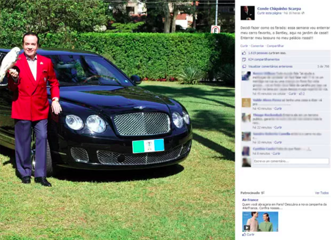Na foto do anúncio, Chiquinho posou ao lado do carro com sua ave de estimação nos braços: “Decidi fazer como os faraós: essa semana vou enterrar meu carro favorito, o Bentley, aqui no jardim de casa!! Enterrar meu tesouro no meu palácio rssss”, escreveu.