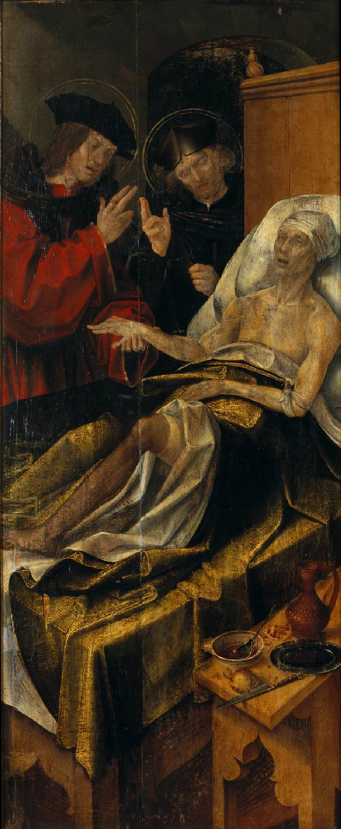 Segundo a tradição, Cosme e Damião exerciam a medicina sem cobrar dos pacientes. Por isso, são considerados padroeiros dos médicos. Na imagem, uma obra portuguesa produzida entre 1530 e 1532 retrata os santos cuidando de um paciente