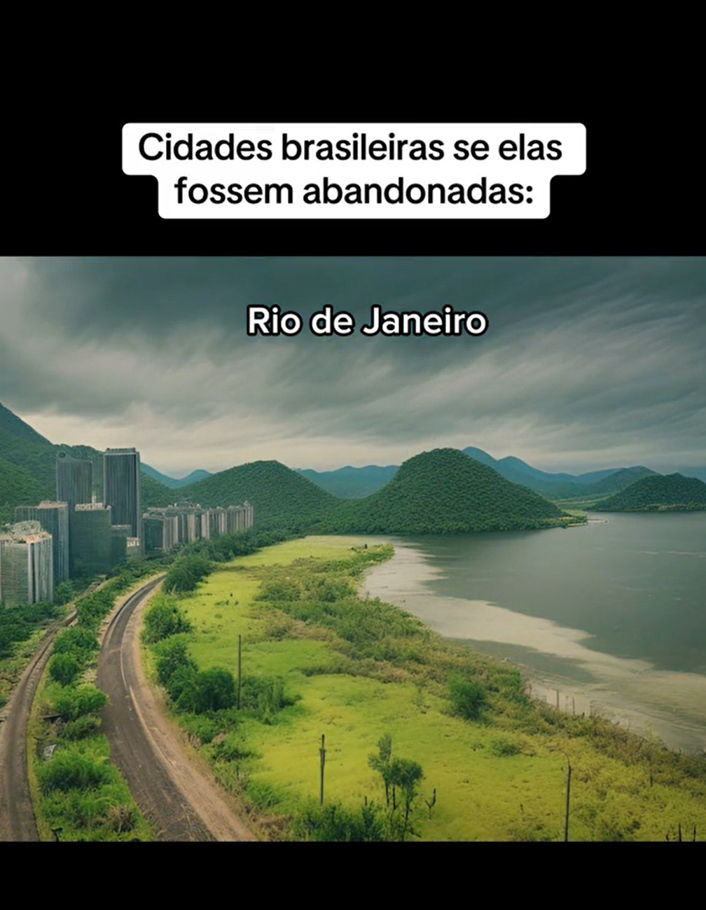 Por outro lado, com a Inteligência Artificial (IA), a mesma paisagem foi transformada em uma cidade abandonada. É possível ver a areia da praia tomada por um longo espaço  de matagais.-Reprodução/TikTok/@huiop