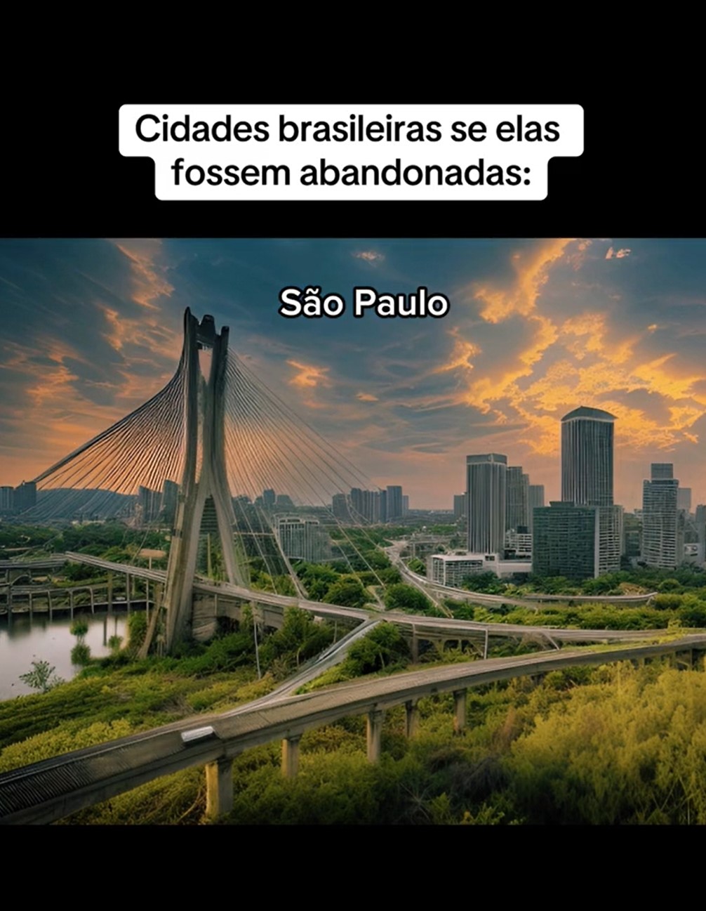 Novamente, como foi na imagem do Rio de Janeiro, a capital paulistana é transformada através da Inteligência Artificial (IA) e adquire contornos de abandono. Na nova foto, é possível ver que São Paulo também teve o aumento da vegetação, assim como a diminuição dos prédios e escassez de veículos.-Reprodução/TikTok/@huiop