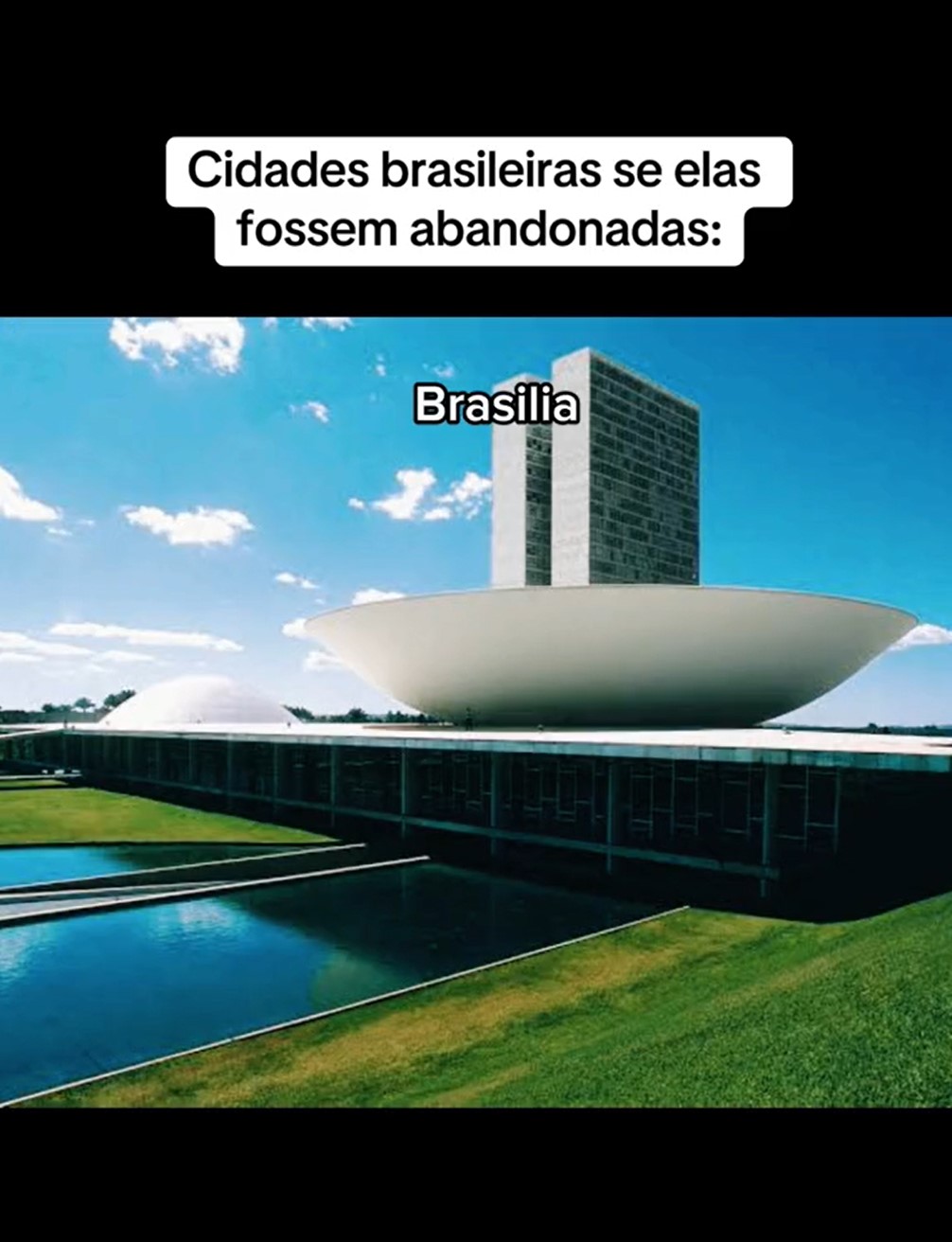 Na brincadeira do Tik Tok sobre as cidades brasileiras, a capital Brasília não poderia ficar de fora. A imagem expõe o Palácio do Congresso Nacional, que é a famosa Praça dos Três Poderes, sede do poder Legislativo do Brasil. A obra foi idealizada pelo eterno Oscar Niemeyer (1907-2012).-Reprodução/TikTok/@huiop