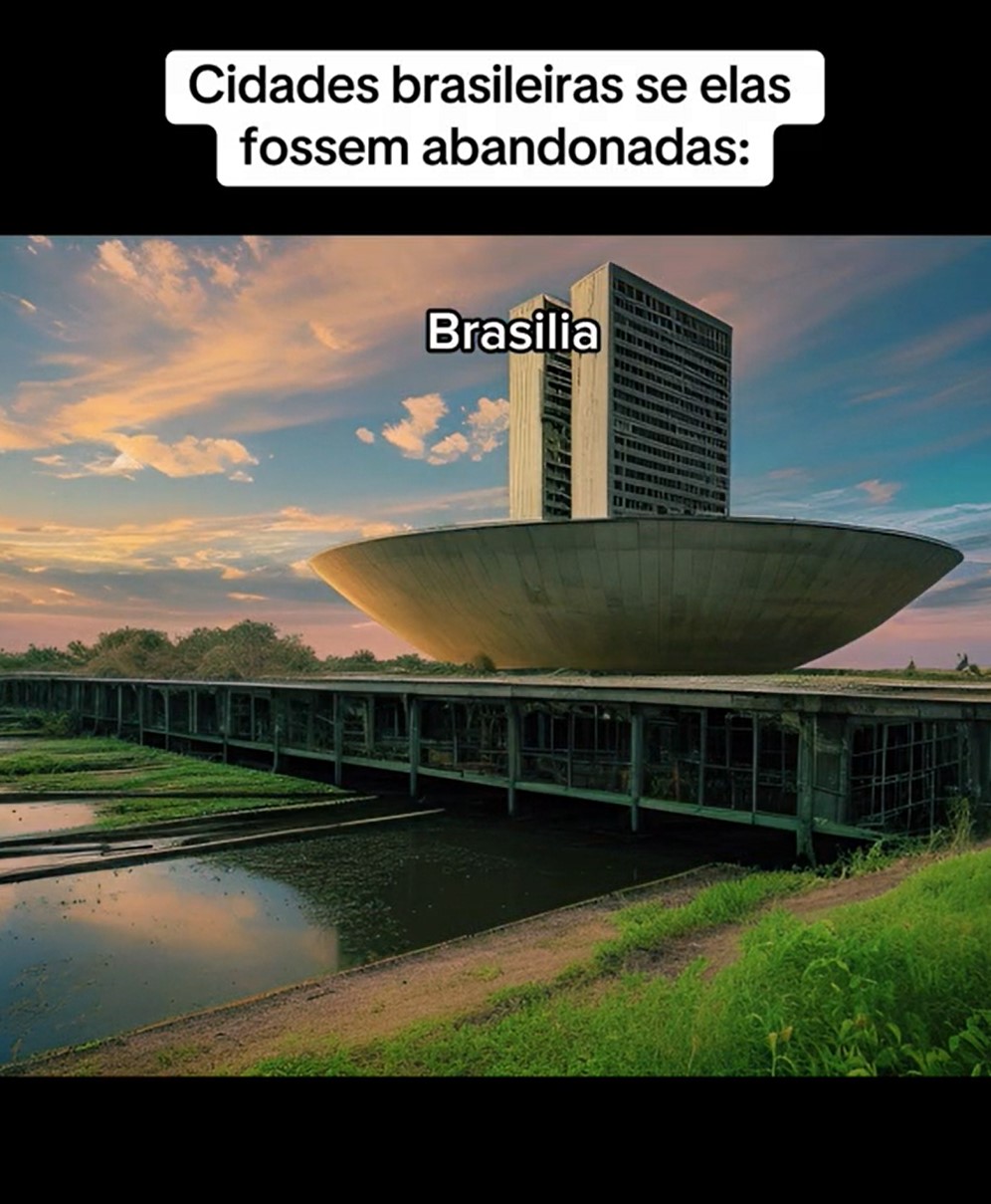 Com a adaptação, uma das cúpulas, que representa o Senado Federal do Brasil, simplesmente desaparece. No entorno, a vegetação aparece totalmente descuidada e abandonada, assim como o espelho d’água, que aparenta estar poluído.-Reprodução/TikTok/@huiop